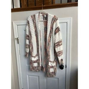 Womens Plus Size Ivory and Plum Cardigan Open Front Long Sleeve Pockets‎